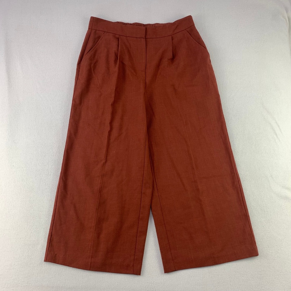 Nine West Wide Leg Crop Pants Women L Rust Brown Casual Linen Blend Pleated